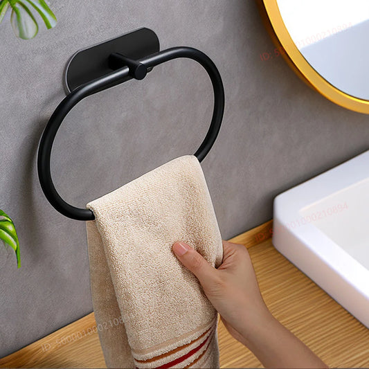 Stainless Steel Towel Holder Self-adhesive Bathroom Towels Rack Black Washhand Hanger Ring Rail Bar Kitchen Storage Accessories