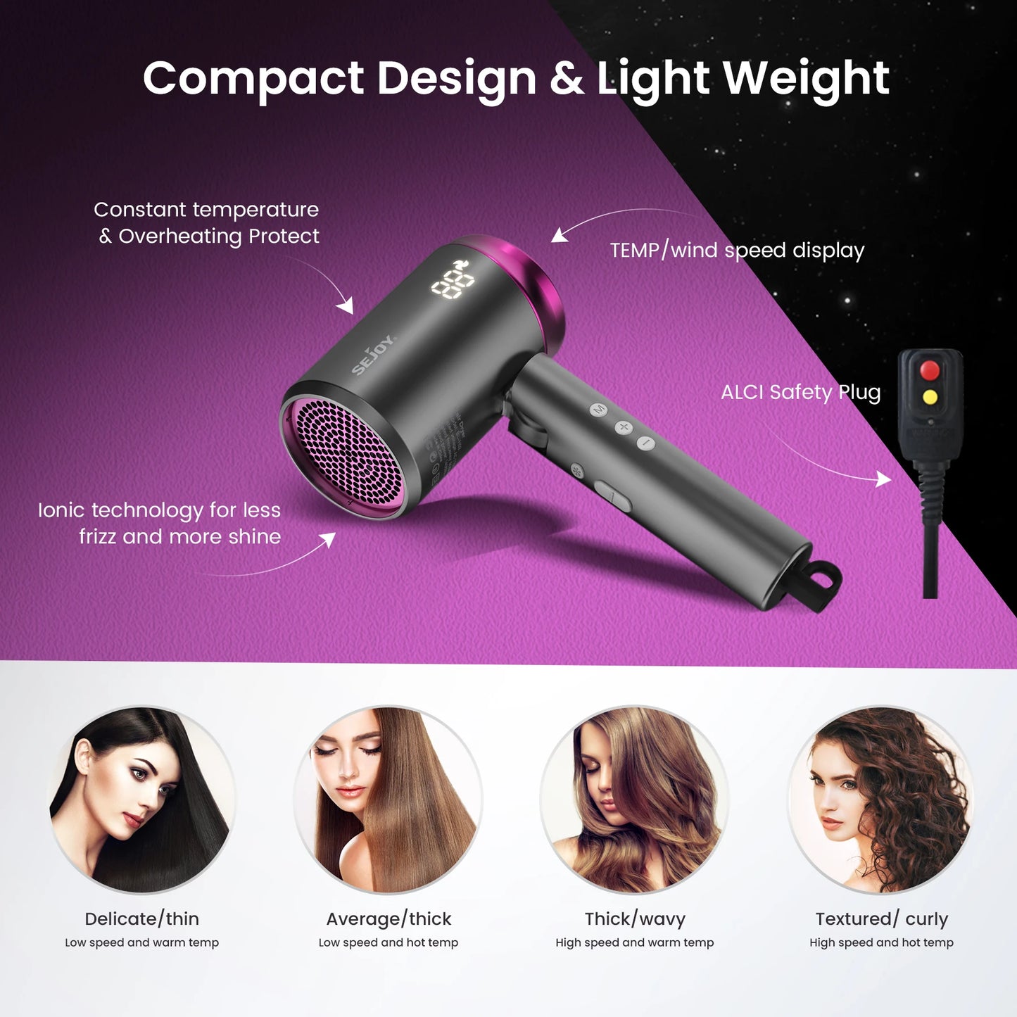 Sejoy Hair Dryer 110v 1800W, High-Speed Electric Turbine Airflow, Low Noise, Constant Temperature And Quick Drying for Home