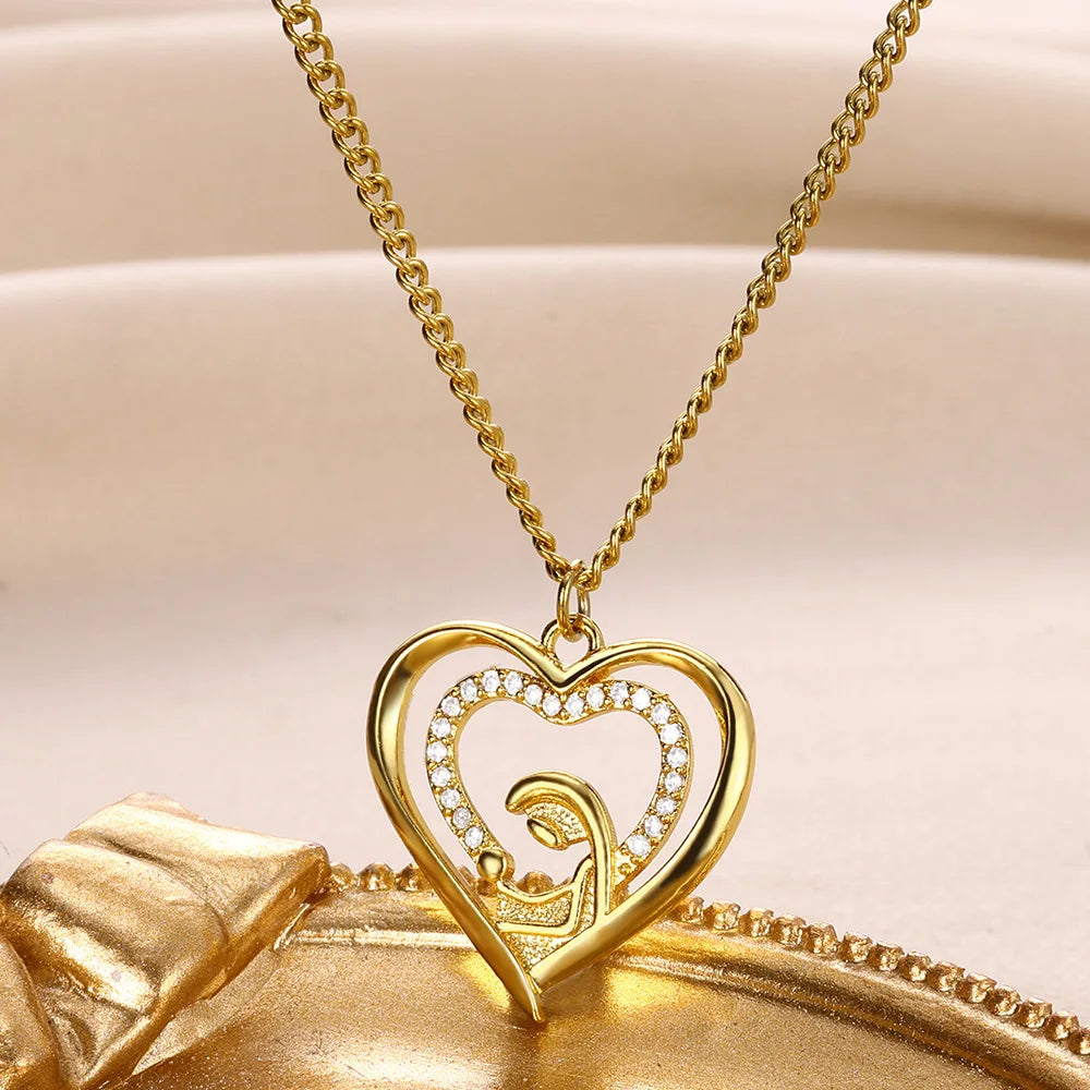 Heart Necklace Love Collar Shinny Zircon Necklaces For Women Stainless Steel Chain Fashion Mom Jewelry Valentines Day Statement